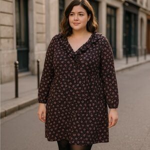 H&M Womens Divided Pink Black Floral ruffle V-neck Long Sleeve Dress Size M